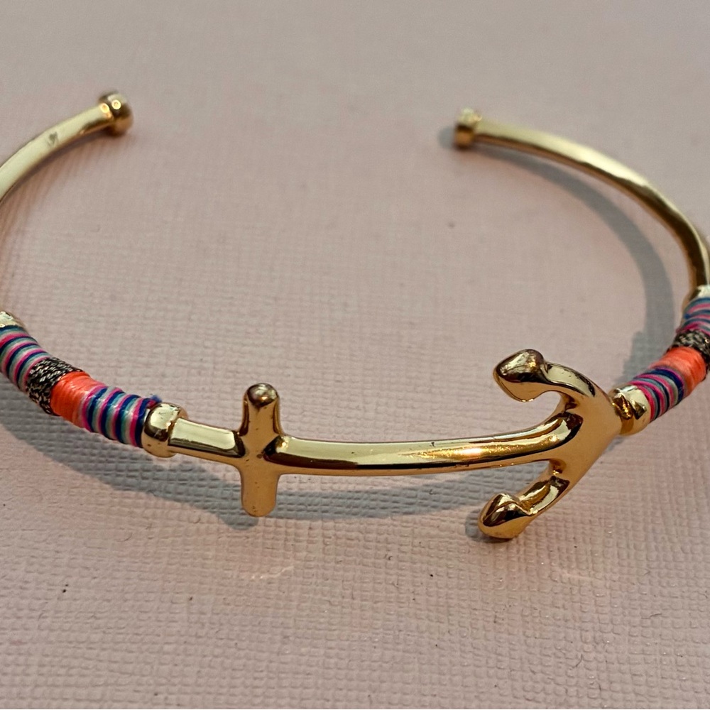 Stella & Dot Gold Anchor Bracelet with Pink, Blue, and Orange Thread